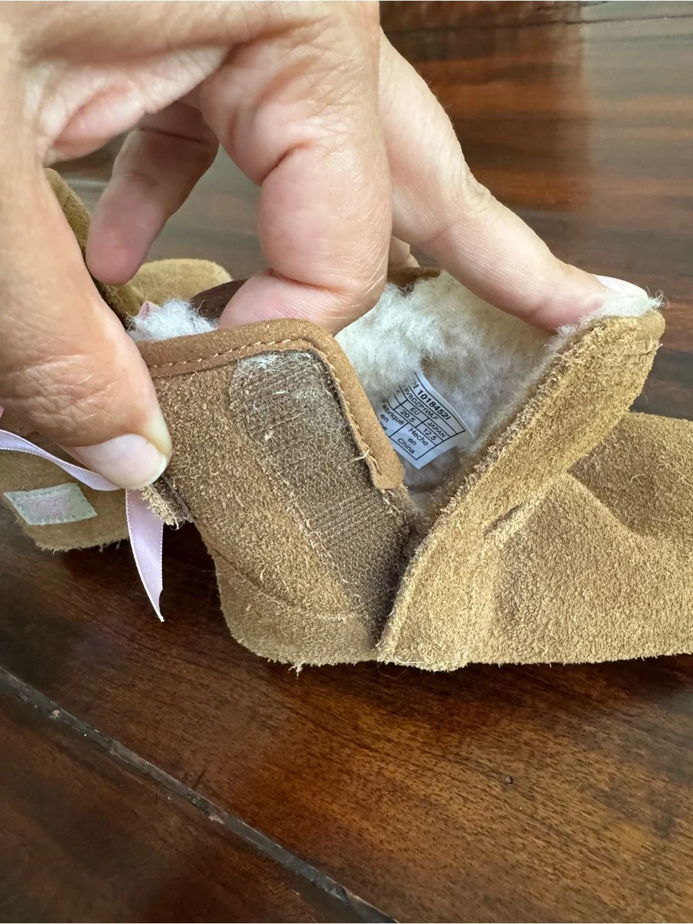 Baby Ugg boots tan with pink bow velcro closure size 4/5